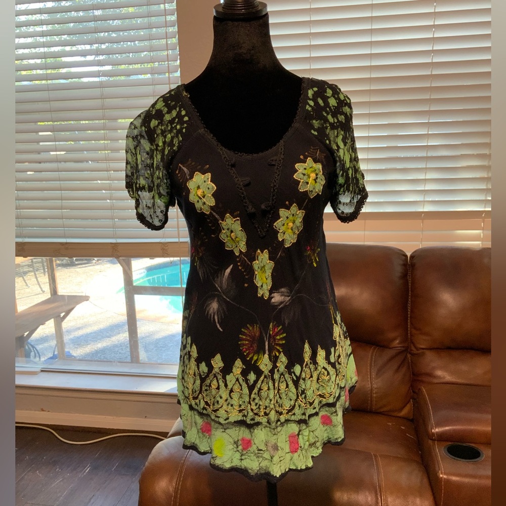 Floral Embroidered Black and Green Women's Top